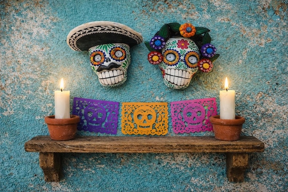 Day of the Dead Calaveras PAIR, Mexican Pottery Catrin & Catrina Sugar Skull Ornaments, Altar Decorations 5 1/2”H