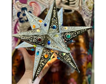 STAR Tree TOPPER Colored Marbles, Mexican Xmas Tin Star, Handmade Estrella 11”