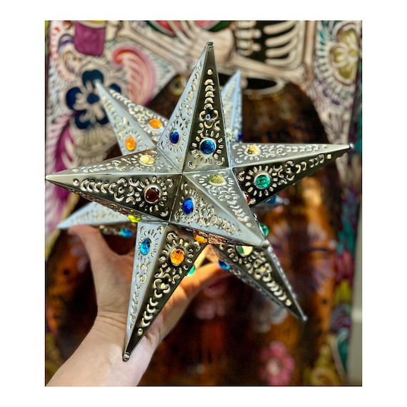 STAR Tree TOPPER Colored Marbles, Mexican Xmas Tin Star, Handmade Estrella 11”