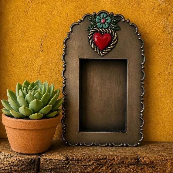 Mexican Tin NICHO with Heart Shadowbox Frame Niche, DIY Altar Display Frame 9”H