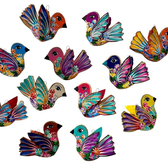 Set (2) DOVE ORNAMENTS, Mexican Tin Hanging Bird Ornaments