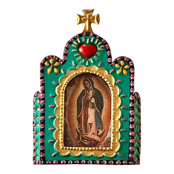 VIRGIN GUADALUPE Tin Nicho, Mexican Church Heart Nicho Frame