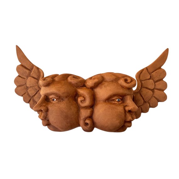 WOOD ANGEL, Two Faces Mexican Wood Angel w Glass Eyes, Cherubs, Cacheton, Chubby Cheeks Angel #6