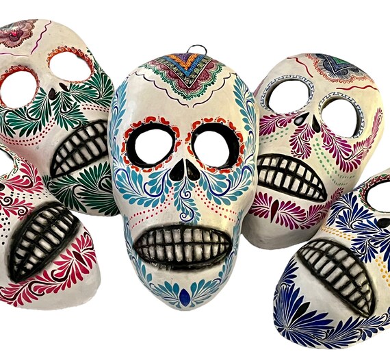 DAY of the DEAD Skull, Painted Clay Skull, Muertos Calavera, Mexican Pottery  LG 10"