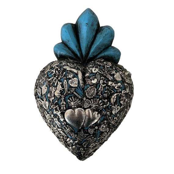MILAGROS HEART, Mexican Corazon, ExVotos Blue Sacred Heart LARGE