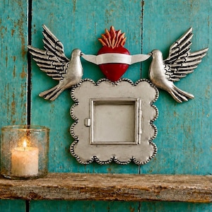 SACRED HEART Frame with Doves, Mexican Tin Heart Nicho, Shadowbox Niche, Silver