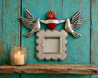 SACRED HEART Frame with Doves, Mexican Tin Heart Nicho, Shadowbox Niche, Silver