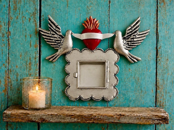 SACRED HEART Frame with Doves, Mexican Tin Heart Nicho, Shadowbox Niche, Silver