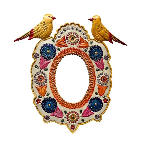 Mexican TIN MIRROR with Birds, Hand Painted Oval Mirror