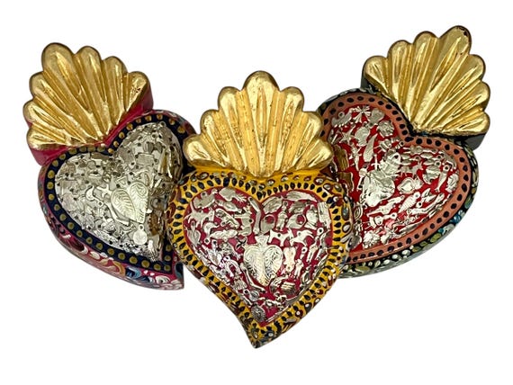 Milagros SACRED HEART, LARGE Heart with Charms, Mexican ExVotos Painted Corazon 9"