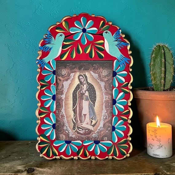 Mexican Nicho with Hummingbirds, Virgin GUADALUPE, Hand Painted Tin Frame 8”
