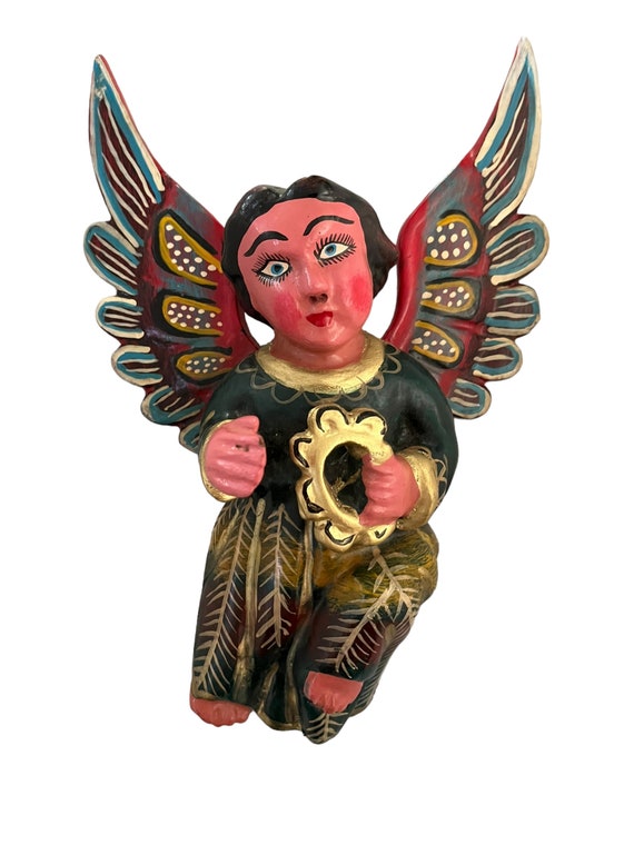 Mexican ANGEL with Tambourine, Full Body Hanging Carved Wood Angel