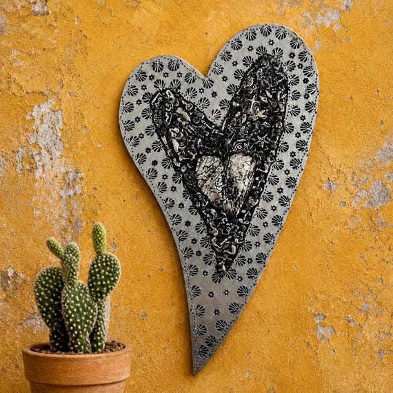 Mexican MILAGROS HEART, Wood with Embossed Tin, ExVotos Corazon