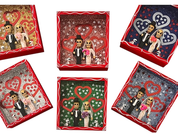 Day of the Dead Shadowbox with Bride & Groom, Puppies, Novios