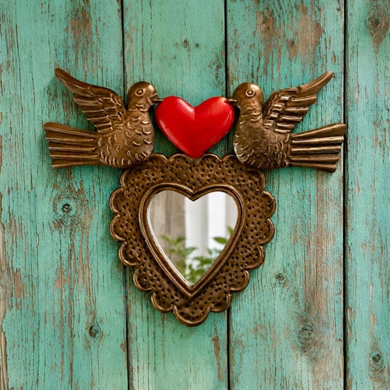 Tin HEART MIRROR with Doves, Small Mexican Corazon Palomas Ornament