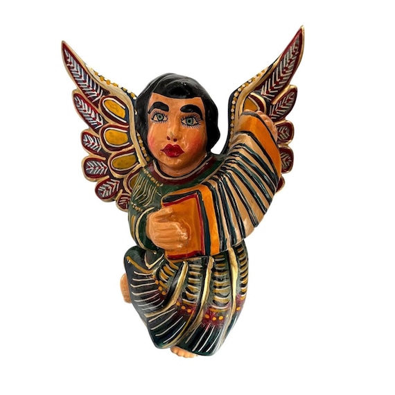 Mexican ANGEL with Accordion, Full Body Hanging Carved Wood Angel