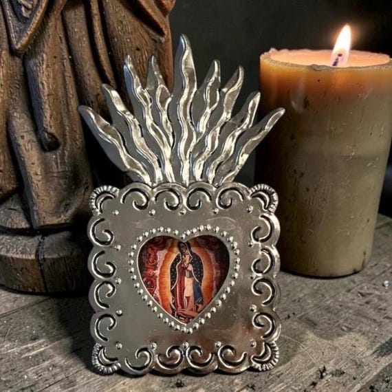 Mexican Tin Shadowbox Nicho, SACRED HEART Virgin GUADALUPE 8 1/2"H