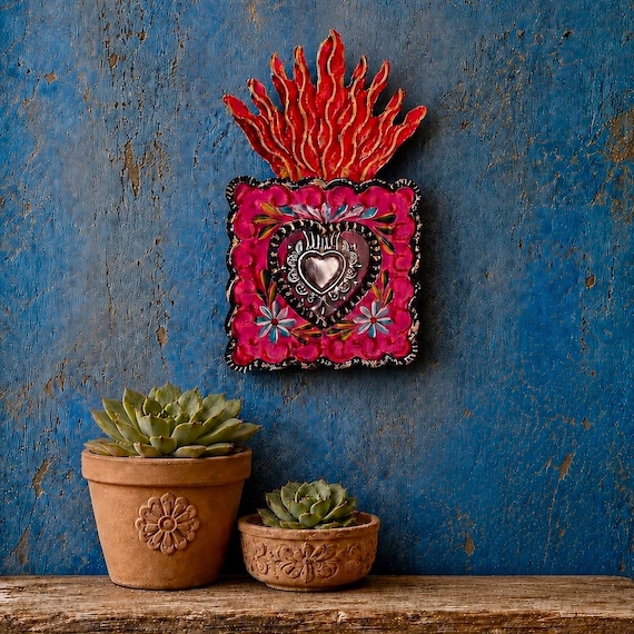 SACRED HEART Nicho, Mexican Tin Milagro Frame, Pink