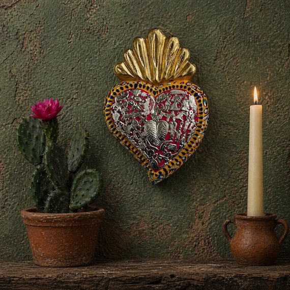 Milagros SACRED HEART, LARGE Heart with Charms, Mexican ExVotos Painted Corazon 9"