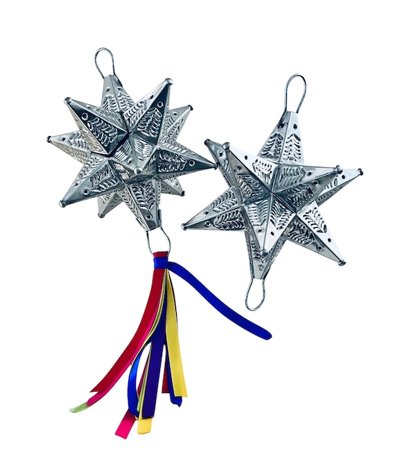 Mexican TIN STARS Set (2) Moravian Stars, LG Estrellas Ornaments 7”H, with/without Ribbons