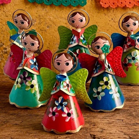 Tin ANGELS Set (3) Painted LARGE ORNAMENTS, Mexican Christmas 5"H