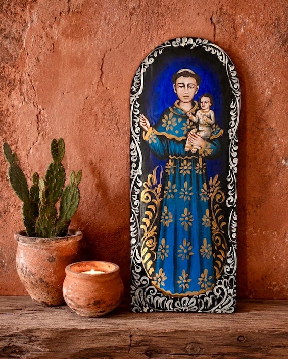 SAINT ANTHONY  of Padua Batea Doughbowl, LG 24” Hand Painted Mexican Retablo