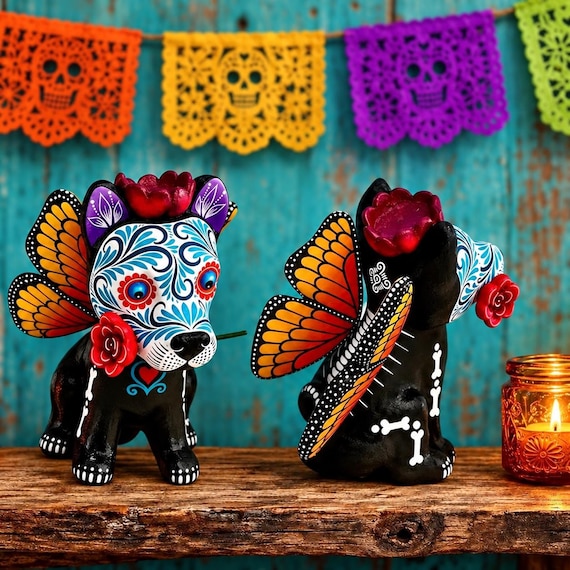 Day of the Dead Dog, Angel Puppy with Monarch Butterfly Wings, Dia de los Muertos Altar Ofrenda Decoration