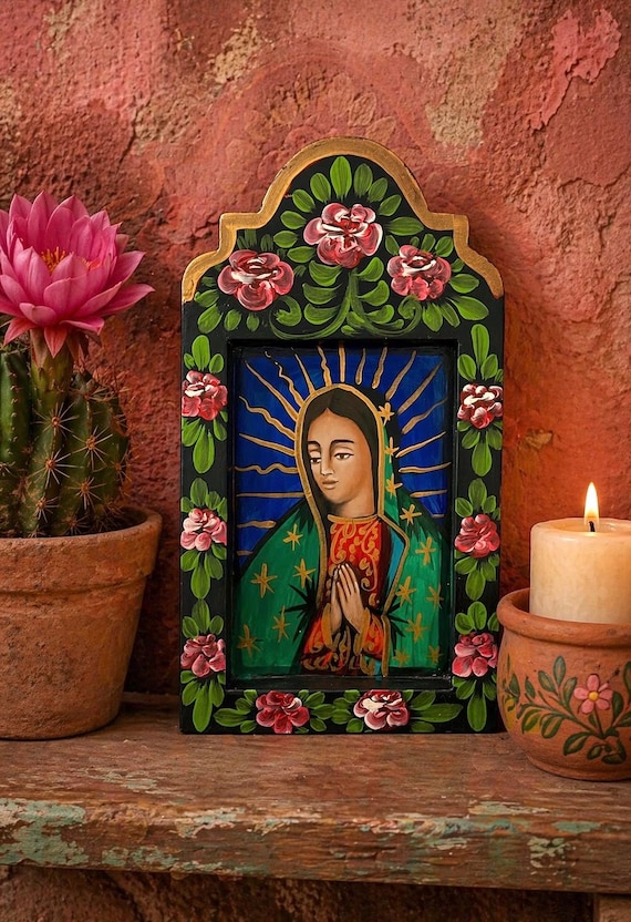 Virgin GUADALUPE RETABLO: Mexican Altar Nicho, LG 15"H