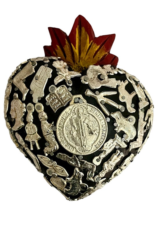 Mexican MILAGROS SACRED HEART,  Heart with Charms, ExVotos Corazon
