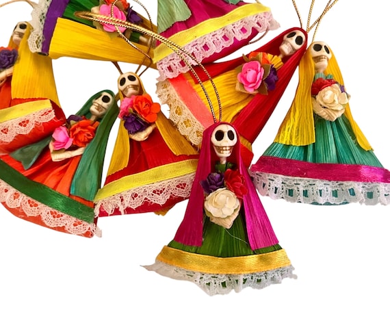 Day of the Dead Virgin Mary Ornaments/Magnets, Set (4) CORN HUSK Catrina, Mexican Christmas Decorations