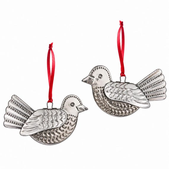 Set (2) DOVE ORNAMENTS Tin Bird Ornaments, Mexico Christmas, Silver