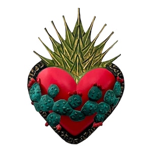 Punched TIN HEART Agave Nopales, Sacred Heart with Flames, Christmas CACTUS Heart 9.5&quot;
