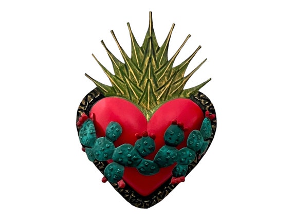Punched TIN HEART Agave Nopales, Sacred Heart with Flames, Christmas CACTUS Heart 9.5"