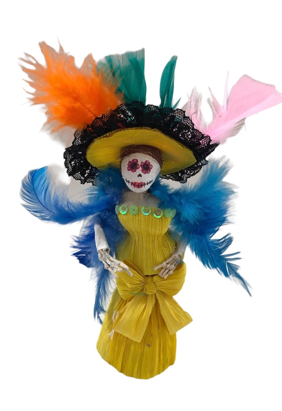 Corn Husk CATRINA Figurine, Mexican Day of the Dead Figurine, Altar Decoration, Dia de los Muertos Catrina 9"
