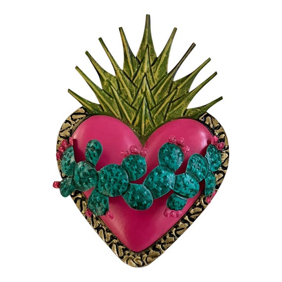 CACTUS HEART, Mexican Tin Sacred Heart with Flames, Pink