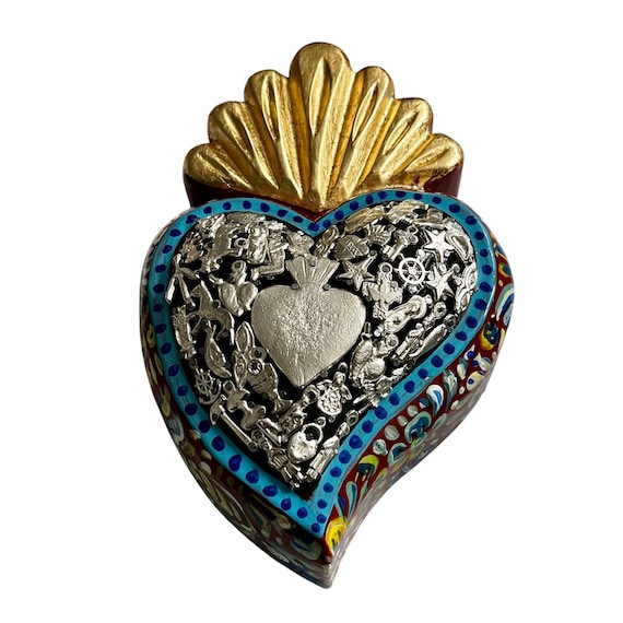 Milagros SACRED HEART, LARGE Heart with Charms, Mexican ExVotos Painted Corazon