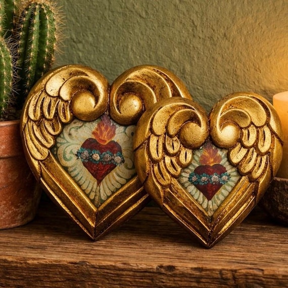 SACRED HEART with Wings, Winged Mexican Corazon. Gold Leaf