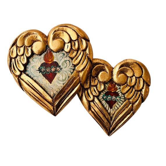 SACRED HEART with Wings, Winged Mexican Corazon. Gold Leaf