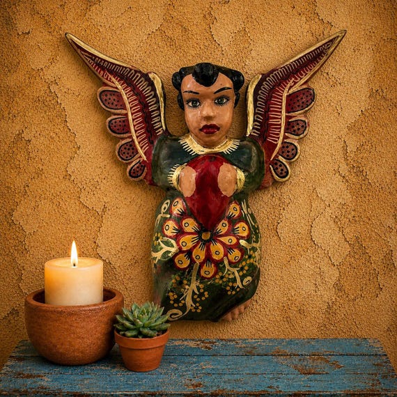 Mexican ANGEL, Full Body Hanging Carved Wood Angel, Guerrero Carving