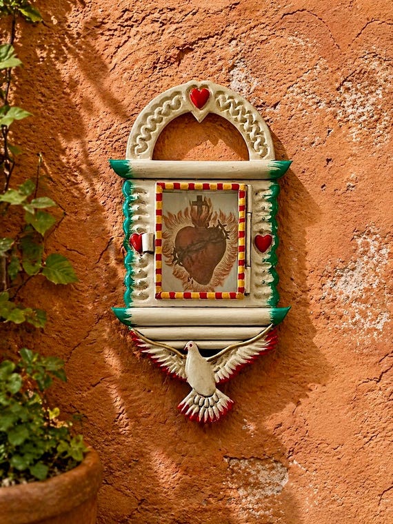Mexican Heart Nicho Frame with Dove, Sacred Heart, Small 6 1/2”H