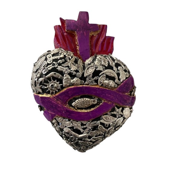 Mexican MILAGROS HEART with Cross & Thorns, Sacred Heart with Charms, ExVotos Corazon