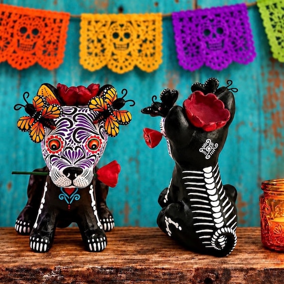 Day of the Dead DOG, Altar Ofrenda Decoration, Mexican Pottery, Small Skeleton Puppy with MONARCH BUTTERFLIES, Crown of Roses