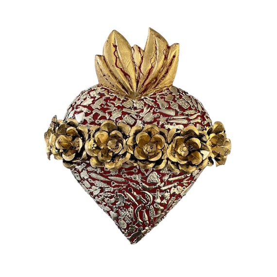 Milagros SACRED HEART,  ExVotos Wood Heart with Tin ROSES Mexican Corazon 12” Metallic Gold Leaf