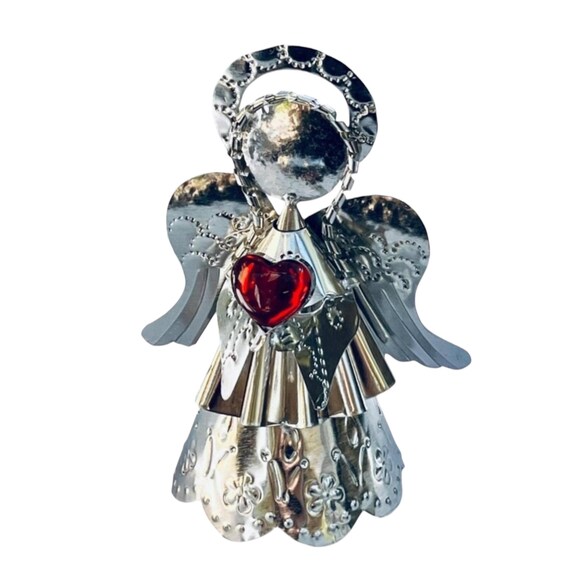 Tin ANGEL with Red Glass HEART 7” Mexican Punched Tin