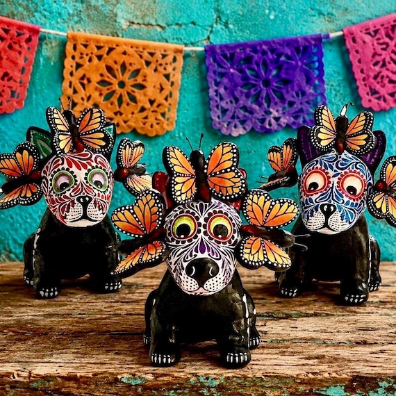 Day of the Dead DOG with Monarch BUTTERFLIES, Skeleton Puppy, Pet Altar Dia de los Muertos