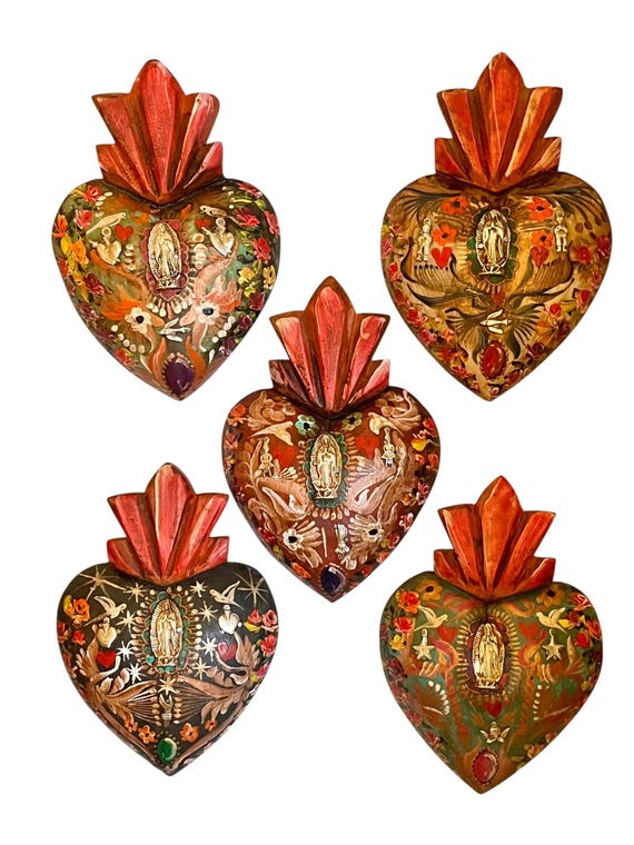 Virgin GUADALUPE Sacred HEART, Painted Milagro Heart w Doves, Mexican Corazon 8+"H