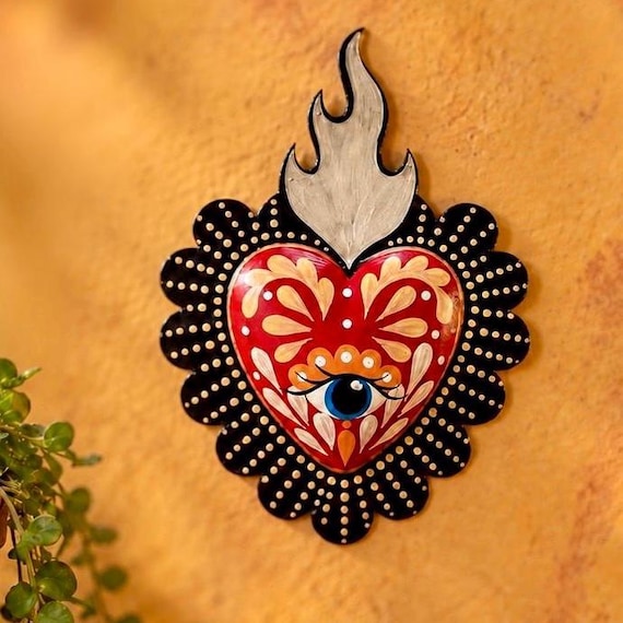 Tin Sacred Heart with Evil EYE, Protective Ornament 8” Mexican Corazon