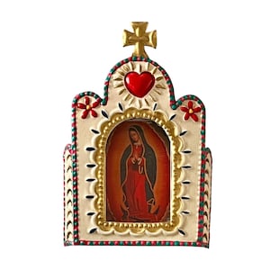 VIRGIN GUADALUPE Tin Nicho, Mexican Church Heart Nicho Frame