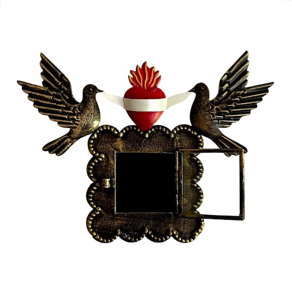 Mexican Tin Sacred Heart Nicho: Shadowbox Frame with Doves