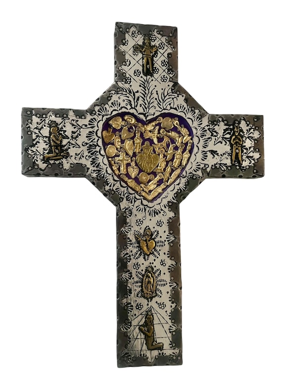 Mexican MILAGROS CROSS with HEART,  Wood with Embossed Tin, ExVotos Cross Etched Tin, Milagros Corazon, Large 14”